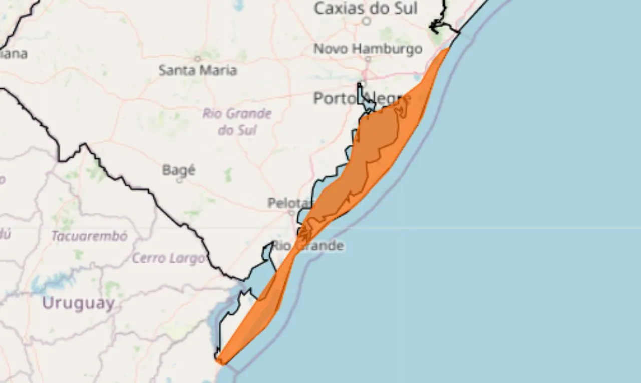 Trata-se de um alerta laranja para a região litorânea do Rio Grande do Sul 